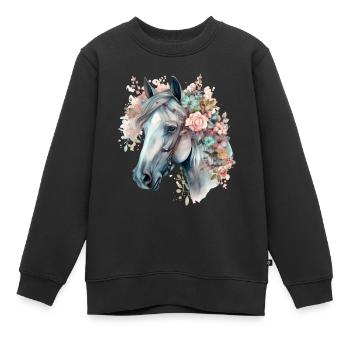 Aquarell-Pferdekrone mit pastellfarbenen Blumen - Kinder Premium Organic Sweatshirt - Schwarz - Vorne - AI Model Kid Female (0cm)