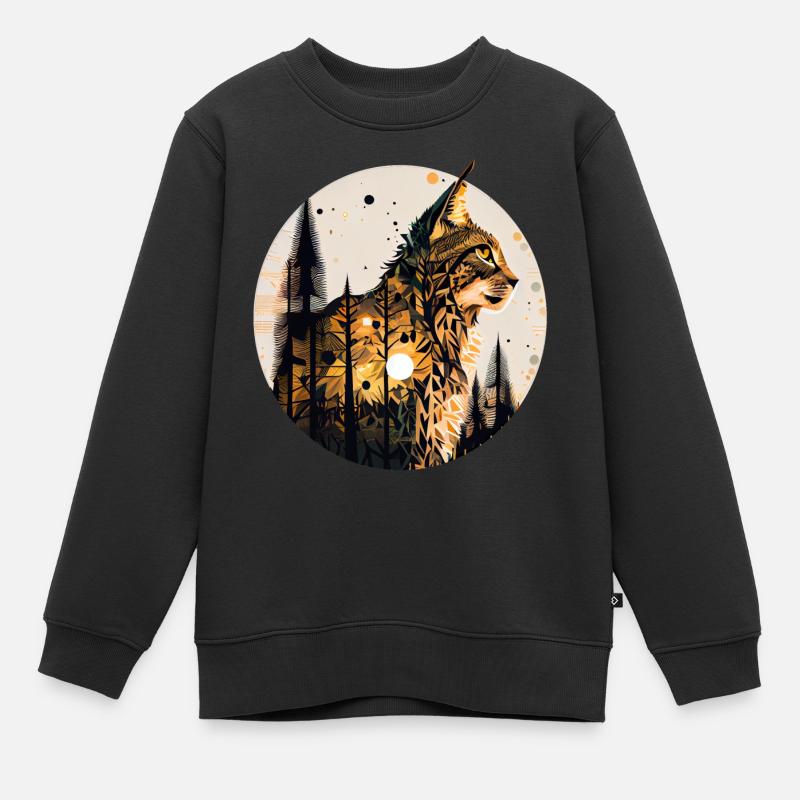 Luchs mit Mond im Wald mit Muster - Kinder Premium Organic Sweatshirt - Schwarz