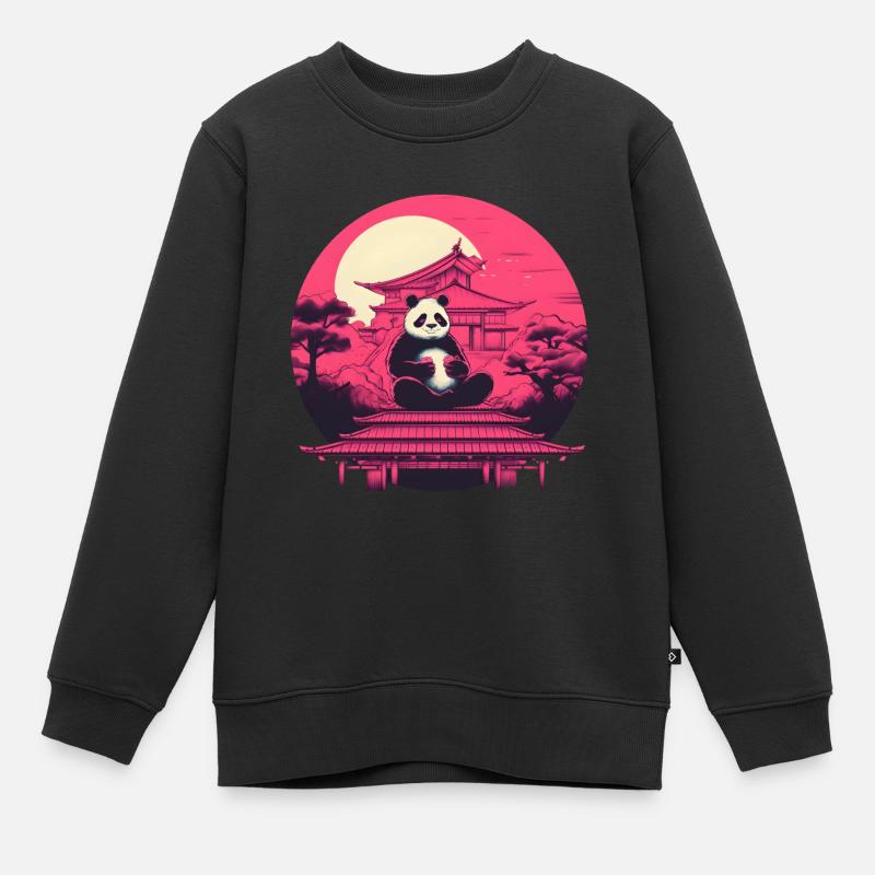 Synthwave mangeant Panda Japon Coucher de soleil - Sweat Premium enfant bio - noir