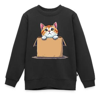 Chat assis dans un emballage en carton Humour drôle typique - Sweat Premium enfant bio - noir - Devant - AI Model Kid Female (0cm)