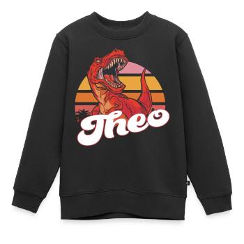 THEO - Beau prénom de garçon avec T-REX Dino - Sweat Premium enfant bio - noir - Devant - AI Model Kid Female (0cm)