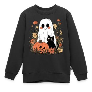 HALLOWEEN Retro kleiner Geister Gespenst mit Katze - Kinder Premium Organic Sweatshirt - Schwarz - Vorne - AI Model Kid Female (0cm)