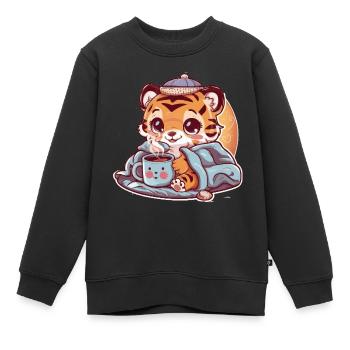 Kawaii Tiger mit Tasse und Decke - Kinder Premium Organic Sweatshirt - Schwarz - Vorne - AI Model Kid Female (0cm)