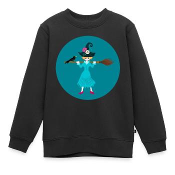 little witch with broom and raven in blue circle - Kids Premium Organic Sweatshirt - black - Front - AI Model Kid Female (0cm)