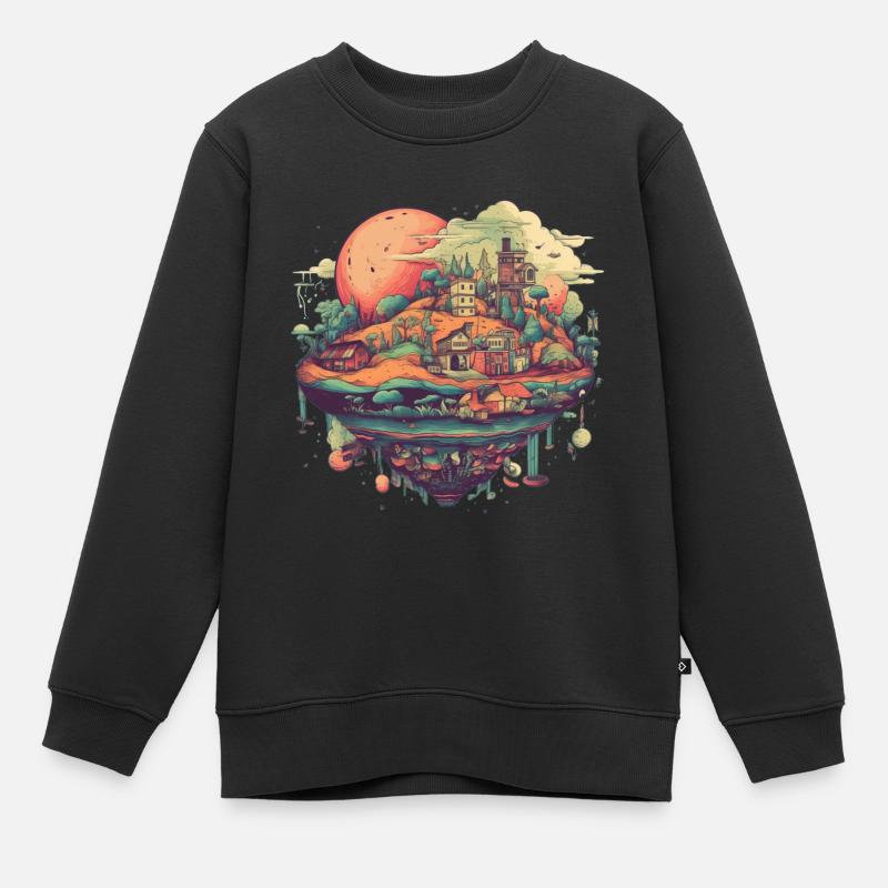 Surrealistisches fliegendes Dorf in bunt - Kinder Premium Organic Sweatshirt - Schwarz