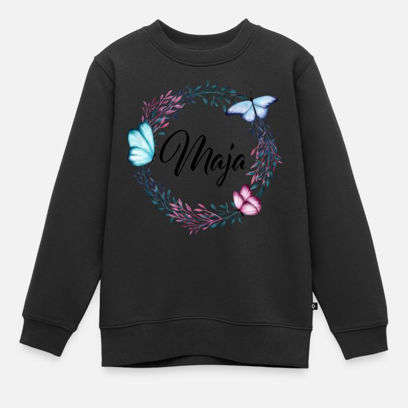 Maja, Name, Schriftzug, Blumenkranz, Geschenk - Kinder Premium Organic Sweatshirt - Schwarz