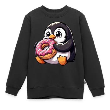 Mignon pingouin grignote sur beignet bande dessinée - Sweat Premium enfant bio - noir - Devant - AI Model Kid Female (0cm)