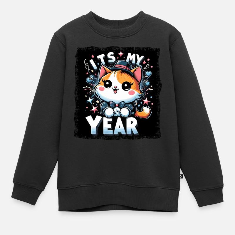 Nouvel An Réveillon du Nouvel An Chat C’est mon année - Sweat Premium enfant bio - noir