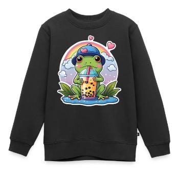 Grenouille mignonne en casquette de baseball buvant de la limonade - Sweat Premium enfant bio - noir - Devant - AI Model Kid Female (0cm)
