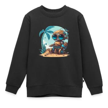 Ein kleiner Roboter am Strand unter einer Palme - Kinder Premium Organic Sweatshirt - Schwarz - Vorne - AI Model Kid Female (0cm)
