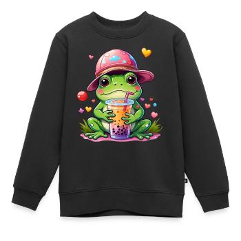 Grenouille mignonne en casquette de baseball buvant de la limonade - Sweat Premium enfant bio - noir - Devant - AI Model Kid Female (0cm)