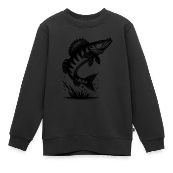 Gros poisson sauteur de sandre - Sweat Premium enfant bio - noir - Devant - AI Model Kid Female (0cm)