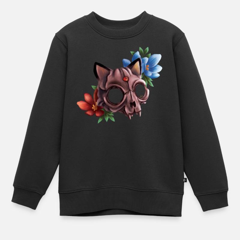 crâne de chat avec des fleurs - Sweat Premium enfant bio - noir