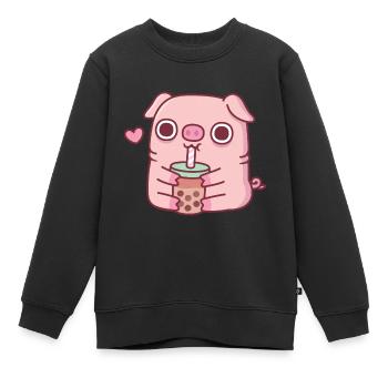 Süßes molliges Schwein trinkt Bubble Tea - Kinder Premium Organic Sweatshirt - Schwarz - Vorne - AI Model Kid Female (0cm)