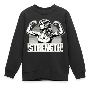 Strength strong woman tenses muscles gift - Kids Premium Organic Sweatshirt - black - Front - AI Model Kid Female (0cm)