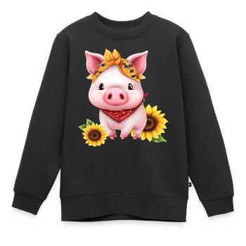 Schwein mit Bandana und Sonnenblume, Charmantes - Kinder Premium Organic Sweatshirt - Schwarz - Vorne - AI Model Kid Female (0cm)