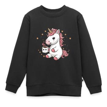 Licorne kawaii buvant du cacao - Sweat Premium enfant bio - noir - Devant - AI Model Kid Female (0cm)