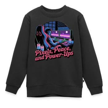 Pixels, Peace & Power-Ups – Gaming Setup - Kids Premium Organic Sweatshirt - black - Front - AI Model Kid Female (0cm)