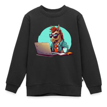 Horse Power CEO - Café et ordinateur portable en entreprise - Sweat Premium enfant bio - noir - Devant - AI Model Kid Female (0cm)