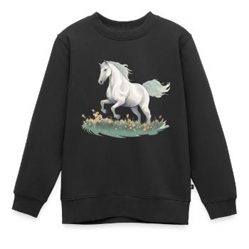 Realistisches Gemälde im Stil des weißen Pferdes auf einer Wiese - Kinder Premium Organic Sweatshirt - Schwarz - Vorne - AI Model Kid Female (0cm)