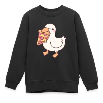 Mignon canard blanc avec tranche de pizza au pepperoni - Sweat Premium enfant bio - noir - Devant - AI Model Kid Female (0cm)