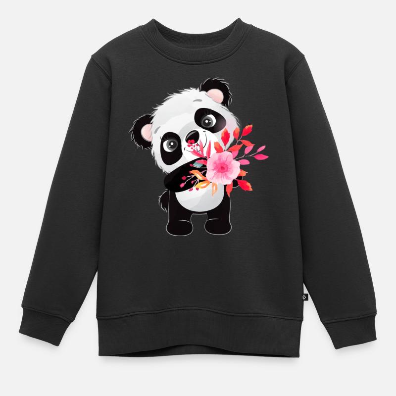 Kleiner Panda mit Blumen - Kinder Premium Organic Sweatshirt - Schwarz