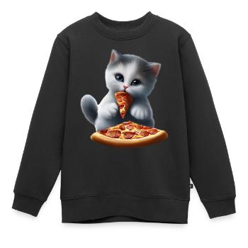Le chat mange une pizza - Sweat Premium enfant bio - noir - Devant - AI Model Kid Female (0cm)