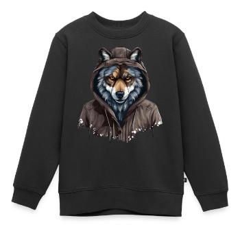 Grauer Wolf im Streetstyle | Wolfsliebhaber - Kinder Premium Organic Sweatshirt - Schwarz - Vorne - AI Model Kid Female (0cm)