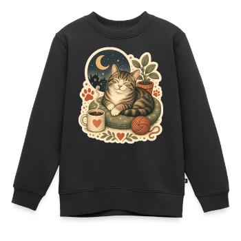 Gemütliche Katze Kaffee Garn - Kinder Premium Organic Sweatshirt - Schwarz - Vorne - AI Model Kid Female (0cm)