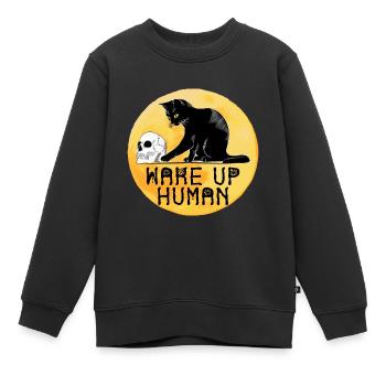 Wake Up Human Funny Cat mit Totenkopf - Kinder Premium Organic Sweatshirt - Schwarz - Vorne - AI Model Kid Female (0cm)