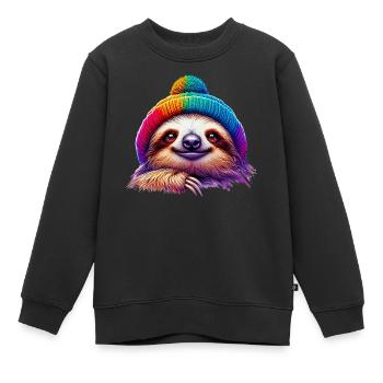 Paresseux avec bonnet de laine - Sweat Premium enfant bio - noir - Devant - AI Model Kid Female (0cm)