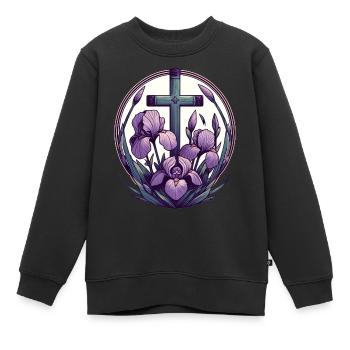 Christliches Kreuz Lila Iris - Kinder Premium Organic Sweatshirt - Schwarz - Vorne - AI Model Kid Female (0cm)