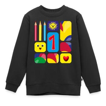Bunte eins zum Geburtstag oder zur Grundschulzeit. - Kinder Premium Organic Sweatshirt - Schwarz - Vorne - AI Model Kid Female (0cm)