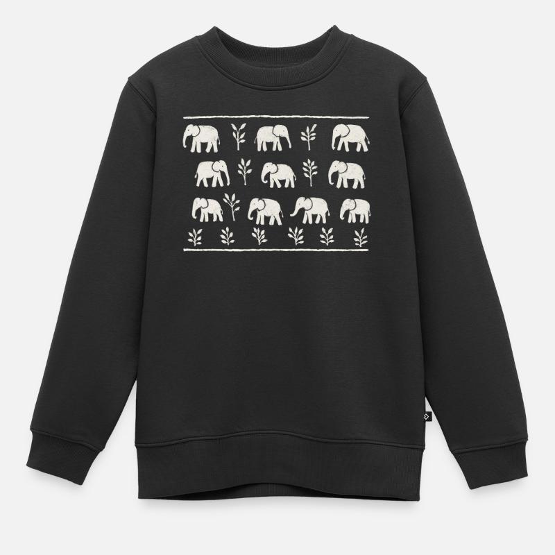 Éléphants et feuillages noir et blanc répétitif - Sweat Premium enfant bio - noir