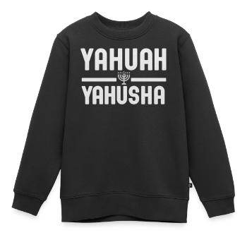 Lettrage Yahuwah Yahusha avec Menorah - Sweat Premium enfant bio - noir - Devant - AI Model Kid Female (0cm)