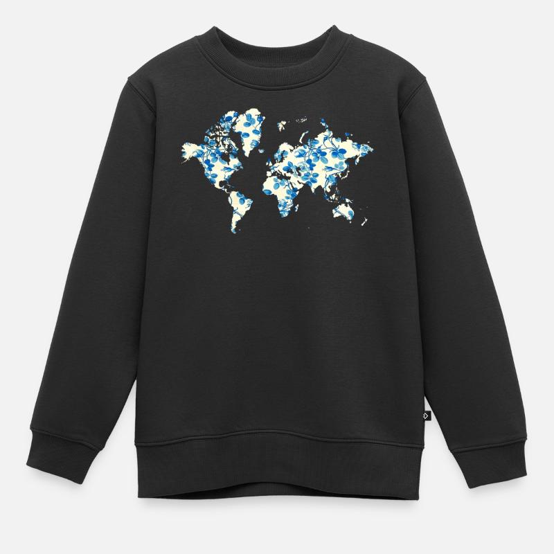World Map Blue Flowers - Kids Premium Organic Sweatshirt - black