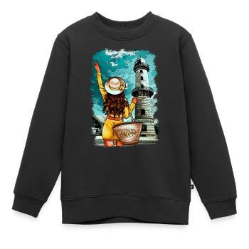 phare Rostock illustration femme - Sweat Premium enfant bio - noir - Devant - AI Model Kid Female (0cm)