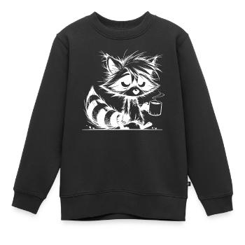Verschlafener müder Waschbär mit Kaffeetasse - Kinder Premium Organic Sweatshirt - Schwarz - Vorne - AI Model Kid Female (0cm)