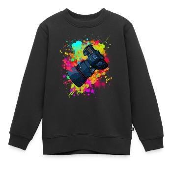 tolle Kamera mit Objektiv in Farbkleckse Geschenk - Kinder Premium Organic Sweatshirt - Schwarz - Vorne - AI Model Kid Female (0cm)