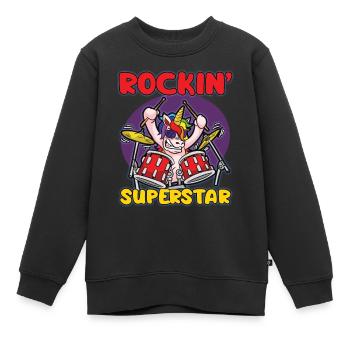 Humour de batteur de licorne rocker ROCKIN SUPERSTAR - Sweat Premium enfant bio - noir - Devant - AI Model Kid Female (0cm)
