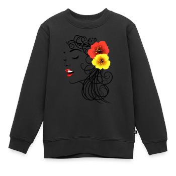 Frau mit roten und gelben Hibiskusblüten - Kinder Premium Organic Sweatshirt - Schwarz - Vorne - AI Model Kid Female (0cm)