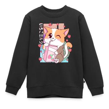 Süße japanische Kawaii Katze Erdbeermilch Shake Nek - Kinder Premium Organic Sweatshirt - Schwarz - Vorne - AI Model Kid Female (0cm)