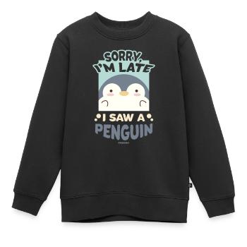 Désolé je suis en retard j’ai vu un pingouin - Sweat Premium enfant bio - noir - Devant - AI Model Kid Female (0cm)