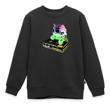 Rainbow DJ Cat - scratchen - Kinder Premium sweater biologisch - zwart - Voor - AI Model Kid Female (0cm)