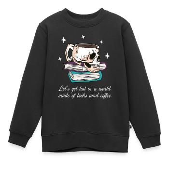 Immersion entre les pages du livre et le café - Sweat Premium enfant bio - noir - Devant - AI Model Kid Female (0cm)