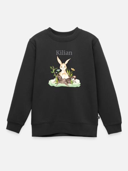 Animal forestier Cerf Lièvre Hérisson Fleurs Nom Kilian - Sweat Premium enfant bio - noir