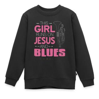 Cette fille court sur Jesus & Blues Cool Retro - Sweat Premium enfant bio - noir - Devant - AI Model Kid Female (0cm)