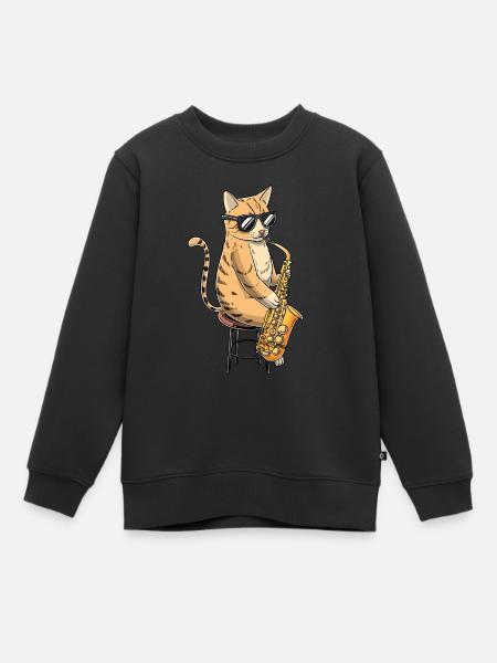 Cat joue saxophone saxophoniste jazz - Sweat Premium enfant bio - noir