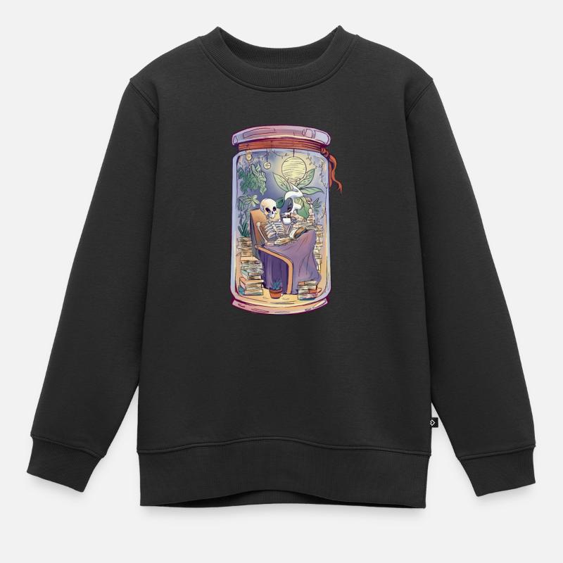 Skelett Liest Ein Buch Und Trinkt Tee Bücherwurm - Kinder Premium Organic Sweatshirt - Schwarz