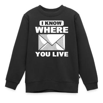 Je sais où tu habites facteur - Sweat Premium enfant bio - noir - Devant - AI Model Kid Female (0cm)